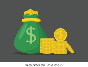 Bolsa de dinero y pila de monedas de oro Ilustración vectorial