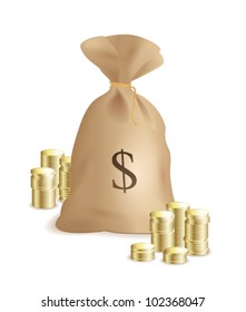 money bag and stack of golden coins, isolated on white background