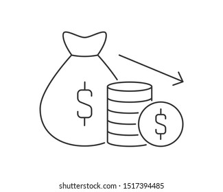 Money bag and stack pile coins line icon