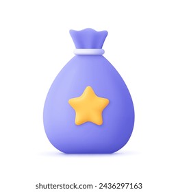 Money bag with star. Cash, interest rate, business and finance, return on investment, financial solution, prepayment and down payment concept. 3d vector icon. Cartoon minimal style.