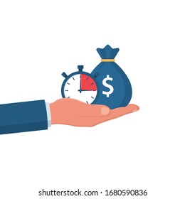 Money Bag And Stopwatch In A Man's Hand. Quick Loan. Timely Payment, Financial Decision. Quick Money. Loan In The Short Term. Business And Finance. Vector Illustration Flat Design.