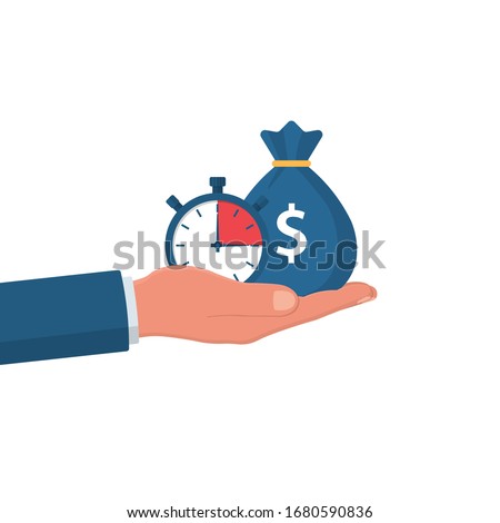 Money bag and stopwatch in a man's hand. Quick loan. Timely payment, financial decision. Quick money. Loan in the short term. Business and finance. Vector illustration flat design.