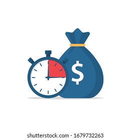 Money bag and stopwatch. Quick loan. Timely payment, financial decision. Quick money. Credit in the short term. Business and finance. Vector illustration flat design.