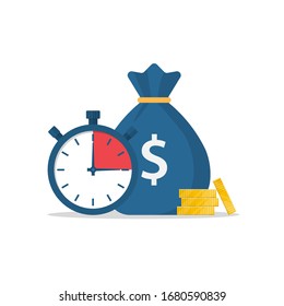 Money Bag And Stopwatch. Quick Loan. Timely Payment, Financial Decision. Quick Money. Credit In The Short Term. Business And Finance. Vector Illustration Flat Design.