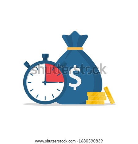 Money bag and stopwatch. Quick loan. Timely payment, financial decision. Quick money. Credit in the short term. Business and finance. Vector illustration flat design.