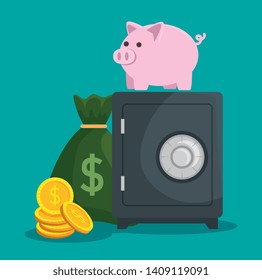 money bag with strong box and coins