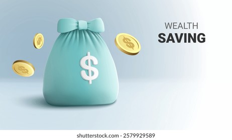 money bag symbolizing saving and wealth accumulation, with coins floating around, representing financial growth and security.