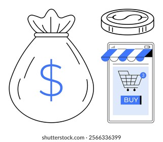 A money bag symbolizing savings, a coin representing currency, and a smartphone with a shopping cart and buy button indicate e-commerce and online shopping. Ideal for themes like e-commerce, online