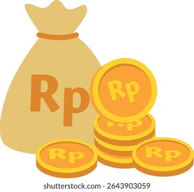 Una bolsa de dinero con una pila alta de monedas de oro marcadas “Rp”. Ideal para finanzas, ahorro, inversión y conceptos económicos indonesios.