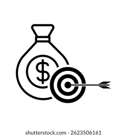 money bag with target arrow, illustration of financial and business target icon vector