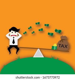 Money bag with  tax text and man on scales and orange background. Present Criteria and requirements and tax planning. Illustrator.