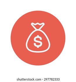 Icono de línea delgada de bolsa de dinero para diseño plano minimalista web y móvil. Icono blanco vector dentro del círculo rojo.