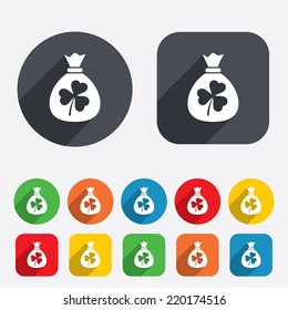 Money bag with three leaves clover sign icon. Saint Patrick trefoil shamrock symbol. Circles and rounded squares 12 buttons. Vector