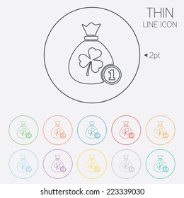 Money bag with three leaves clover and coin sign icon. Saint Patrick trefoil shamrock symbol. Thin line circle web icons with outline. Vector