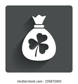 Money bag with three leaves clover sign icon. Saint Patrick trefoil shamrock symbol. Gray flat square button with shadow. Modern UI website navigation. Vector