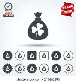 Money bag with three leaves clover sign icon. Saint Patrick trefoil shamrock symbol. Circle, star, speech bubble and square buttons. Award medal with check mark. Thank you ribbon. Vector