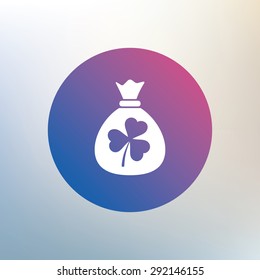 Money bag with three leaves clover sign icon. Saint Patrick trefoil shamrock symbol. Icon on blurred background. Vector