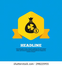 Money bag with three leaves clover and coin sign icon. Saint Patrick trefoil shamrock symbol. Yellow label tag. Circles seamless pattern on back. Vector