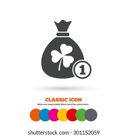 Money bag with three leaves clover and coin sign icon. Saint Patrick trefoil shamrock symbol. Classic flat icon. Colored circles. Vector