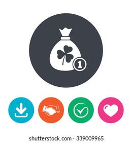 Money bag with three leaves clover and coin sign icon. Saint Patrick trefoil shamrock symbol. Download arrow, handshake, tick and heart. Flat circle buttons.
