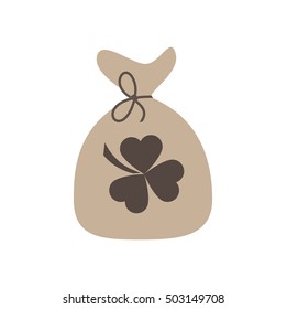 Money bag with three leaves clover sign.
