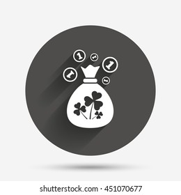 Money bag with three leaves clovers and coin sign icon. Saint Patrick trefoil shamrock symbol. Circle flat button with shadow. Vector
