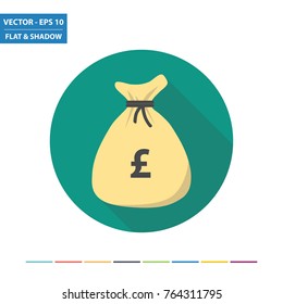 Money Bag - UK Pound Flat Icon With Long Shadow. Vector Illustration.