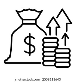 Money bag with upward arrow round line vector icon with editable stroke, representing financial growth, profit, investment success, wealth accumulation, and economic progress