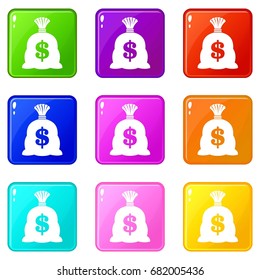 Money bag with US dollar sign icons of 9 color set isolated vector illustration