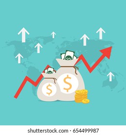 Money bag vector and arrow point up, moneybag flat simple cartoon illustration with world map and business graph