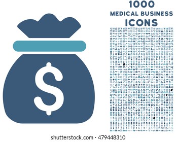 Money Bag vector bicolor icon with 1000 medical business icons. Set style is flat pictograms, cyan and blue colors, white background.