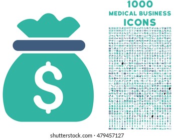 Money Bag vector bicolor icon with 1000 medical business icons. Set style is flat pictograms, cobalt and cyan colors, white background.