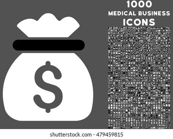 Money Bag vector bicolor icon with 1000 medical business icons. Set style is flat pictograms, black and white colors, gray background.