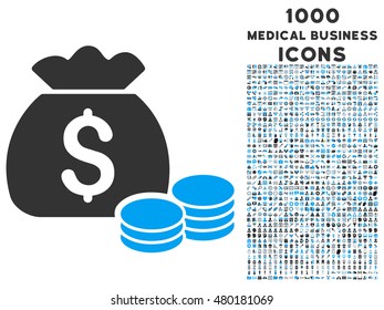 Money Bag vector bicolor icon with 1000 medical business icons. Set style is flat pictograms, blue and gray colors, white background.
