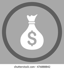 Money Bag vector bicolor rounded icon. Image style is a flat icon symbol inside a circle, dark gray and white colors, silver background.