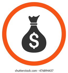 Money Bag vector bicolor rounded icon. Image style is a flat icon symbol inside a circle, orange and gray colors, white background.