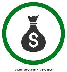 Money Bag vector bicolor rounded icon. Image style is a flat icon symbol inside a circle, green and gray colors, white background.