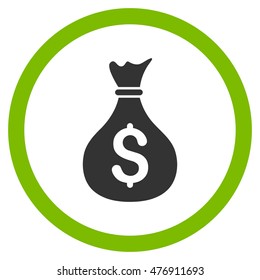 Money Bag vector bicolor rounded icon. Image style is a flat icon symbol inside a circle, eco green and gray colors, white background.