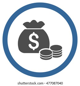 Money Bag vector bicolor rounded icon. Image style is a flat icon symbol inside a circle, cobalt and gray colors, white background.
