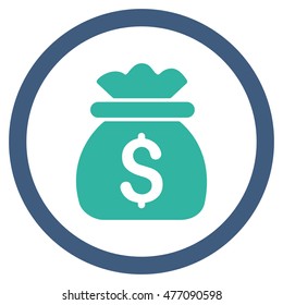 Money Bag vector bicolor rounded icon. Image style is a flat icon symbol inside a circle, cobalt and cyan colors, white background.