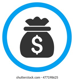 Money Bag vector bicolor rounded icon. Image style is a flat icon symbol inside a circle, blue and gray colors, white background.