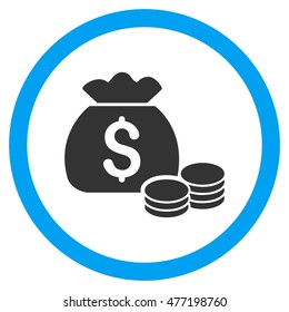 Money Bag vector bicolor rounded icon. Image style is a flat icon symbol inside a circle, blue and gray colors, white background.