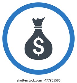 Money Bag vector bicolor rounded icon. Image style is a flat icon symbol inside a circle, smooth blue colors, white background.