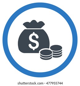 Money Bag vector bicolor rounded icon. Image style is a flat icon symbol inside a circle, smooth blue colors, white background.
