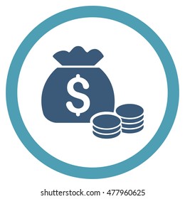 Money Bag vector bicolor rounded icon. Image style is a flat icon symbol inside a circle, cyan and blue colors, white background.