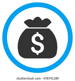 Money Bag vector bicolor rounded icon. Image style is a flat icon symbol inside a circle, blue and gray colors, white background.