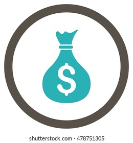 Money Bag vector bicolor rounded icon. Image style is a flat icon symbol inside a circle, grey and cyan colors, white background.
