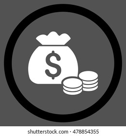 Money Bag vector bicolor rounded icon. Image style is a flat icon symbol inside a circle, black and white colors, gray background.