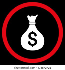 Money Bag vector bicolor rounded icon. Image style is a flat icon symbol inside a circle, red and white colors, black background.