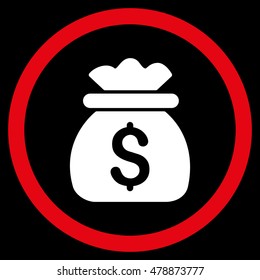 Money Bag vector bicolor rounded icon. Image style is a flat icon symbol inside a circle, red and white colors, black background.